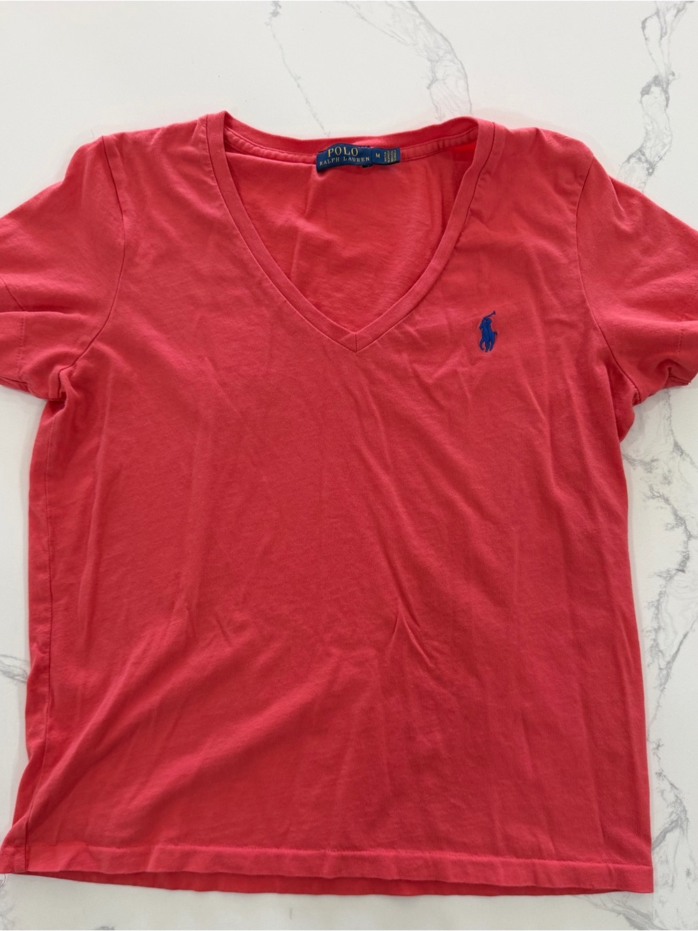 Polo Ralph Lauren Women's V-Neck T-Shirt Coral Pink Blue Pony Size Medium